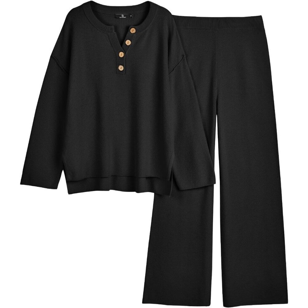 Women's Knit 2 Piece Lounge Set Oversized Cozy Relaxed Fit Black Large